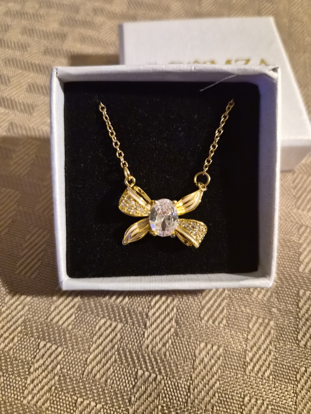 Gold Bow Pendant Necklace with Clear Crystal Center - Women Jewelry
